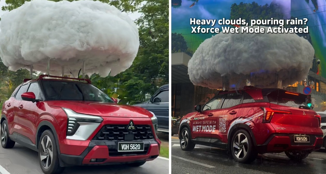 El coche rojo de Mitsubishi con una nube instalada encima de la que sale agua