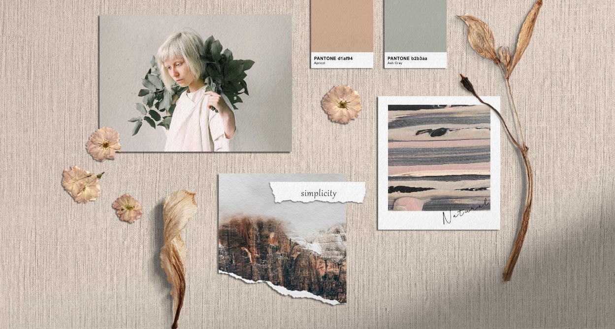 un ejemplo de moodboard en tonos marrones con fotografías, colores pantone y flores secas