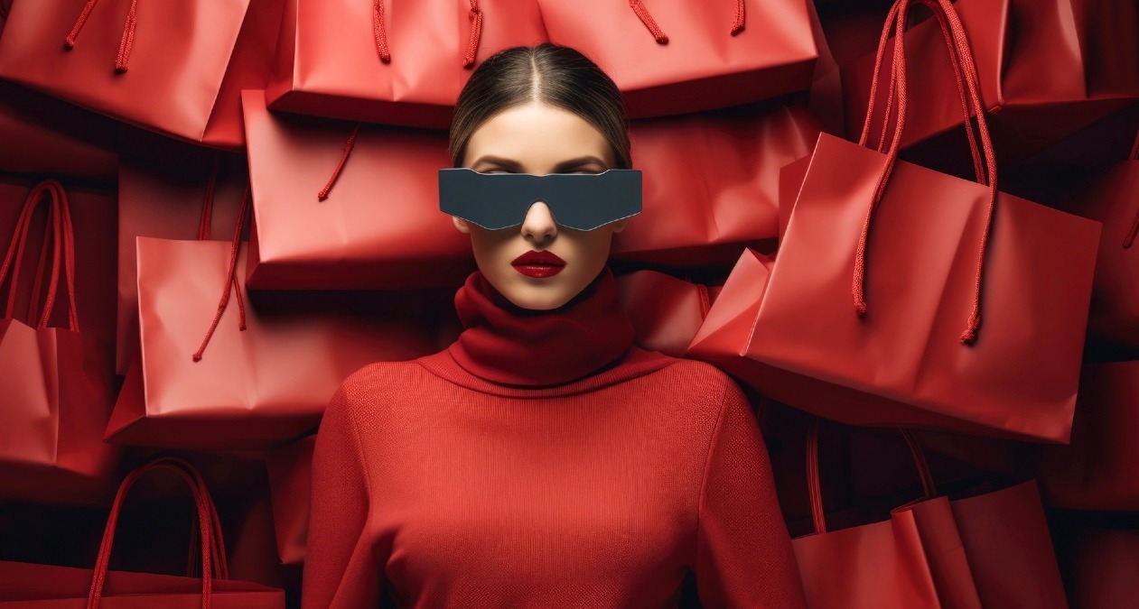 Una mujer con gafas futurísticas vestida de rojo y rodeada de bolsas de compras también rojas