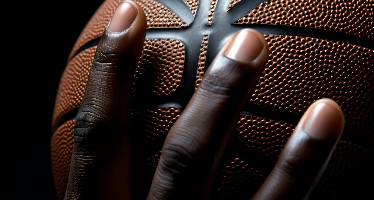 Una mano negra sujetando un balón de baloncesto