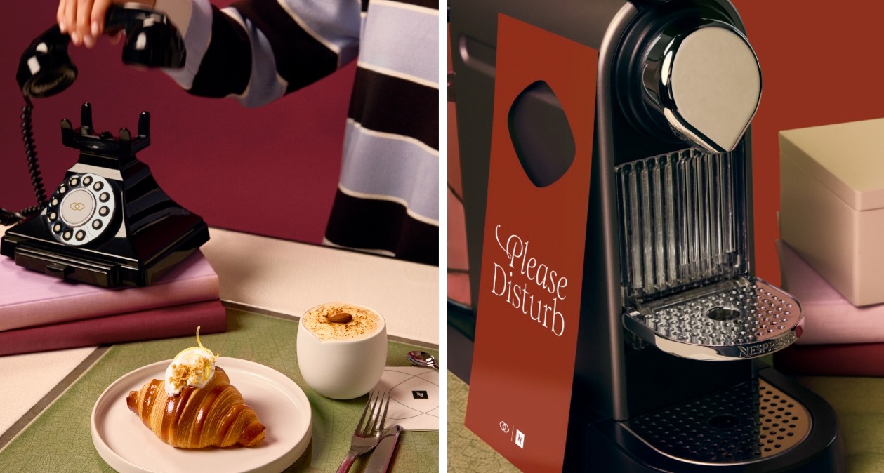 Un croissant, el café en un vaso y una cafetera de Nespresso con el cartel de molestar