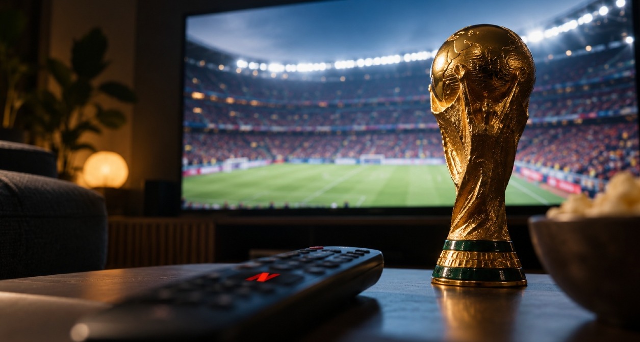 Una mesa con el mando de la TV y el botón de Netflix, de fondo una televisión con el fútbol y al lado el trofeo de la Copa del Mundo