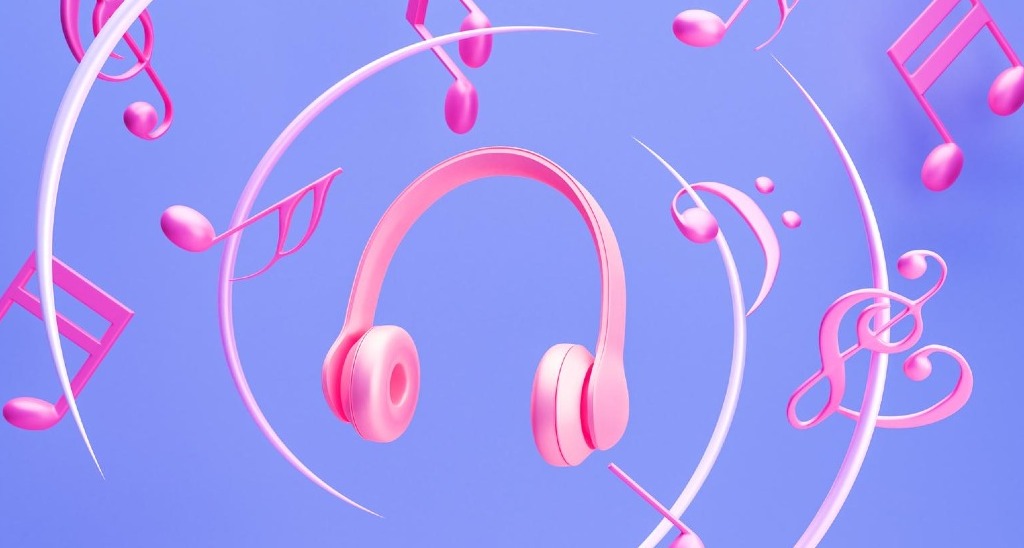 Ilustración digital de auriculares y notas musicales