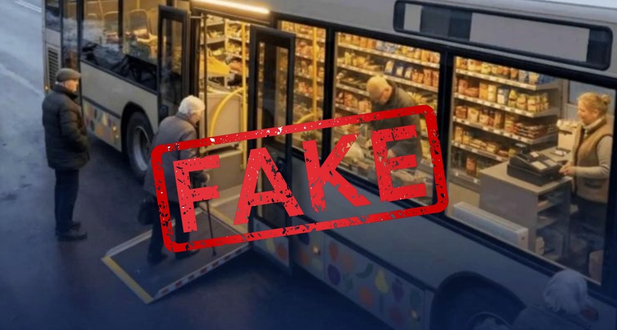 Personas mayores subiendo a un autobús tienda, imagen generada por inteligencia artificial que lleva superpuesto un icono de fake
