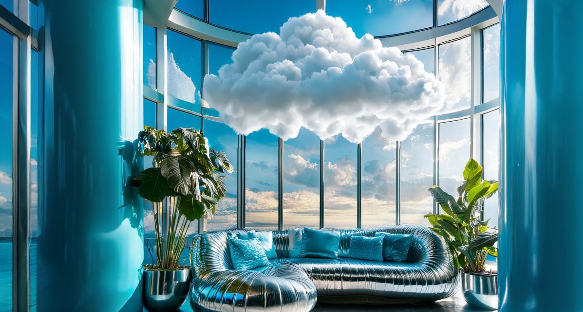 un sofa azul con una nube blanca encima