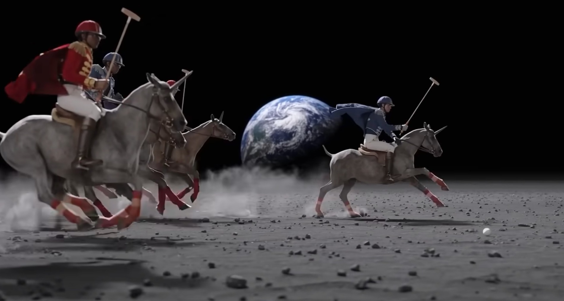 Jinetes montando en unicornios en la superficie de la luna