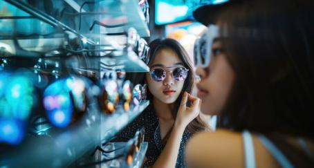 Dos chicas se prueban gafas de sol en una tienda