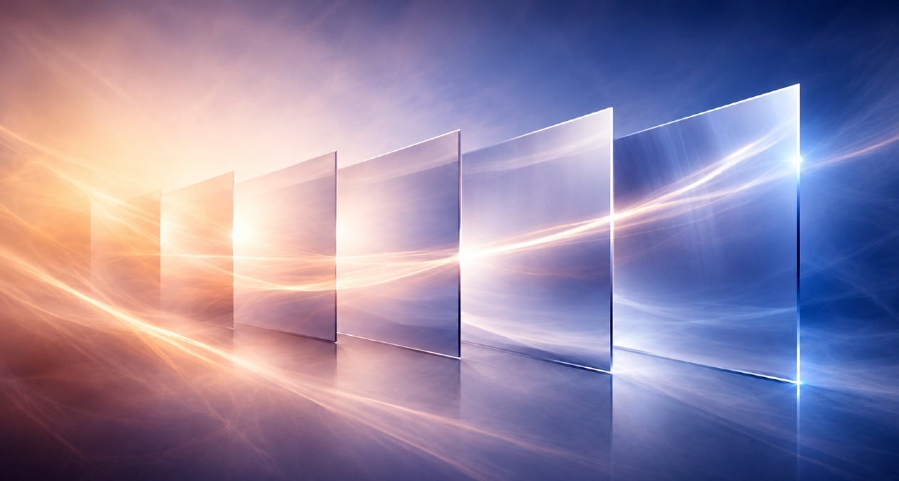 Una composición con cristales, superficies transparentes y reflejos