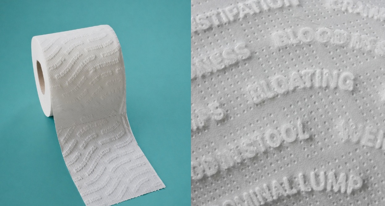 Una imagen del papel higiénico con las palabras de los síntomas de cáncer de colon impresas