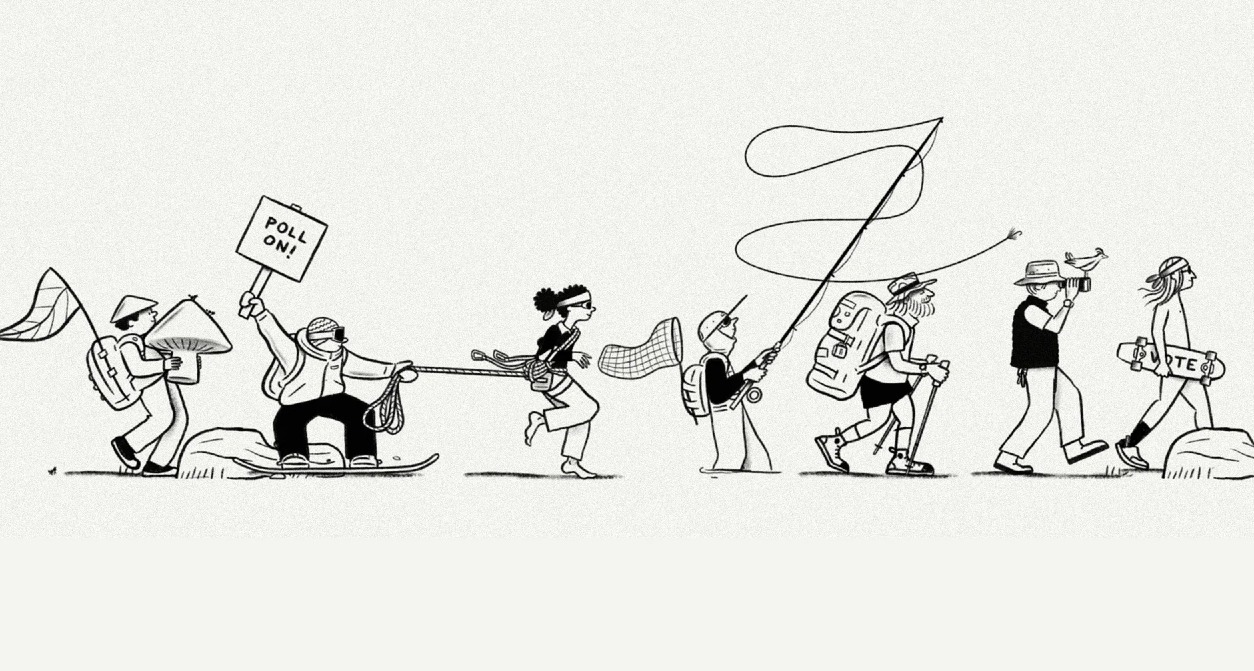 Viñeta de personas en fila en blanco y negro, representando diferentes personalidades que van a votar