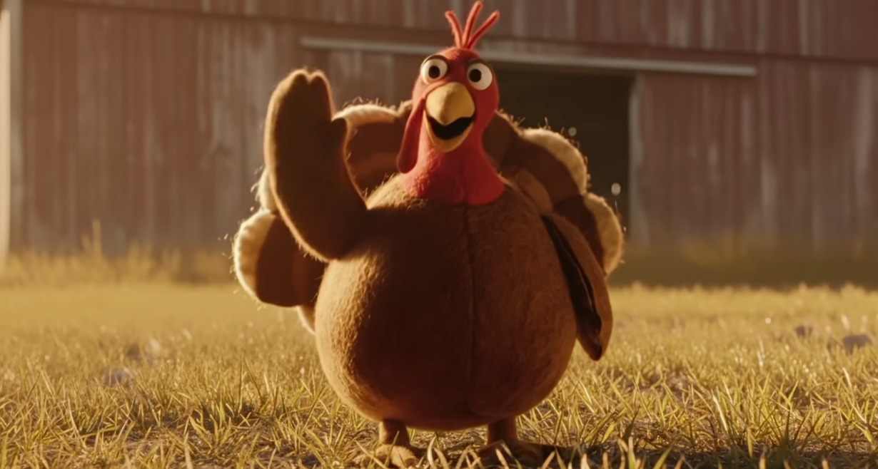 El pavo de peliuche sonríe saludando a la cámara