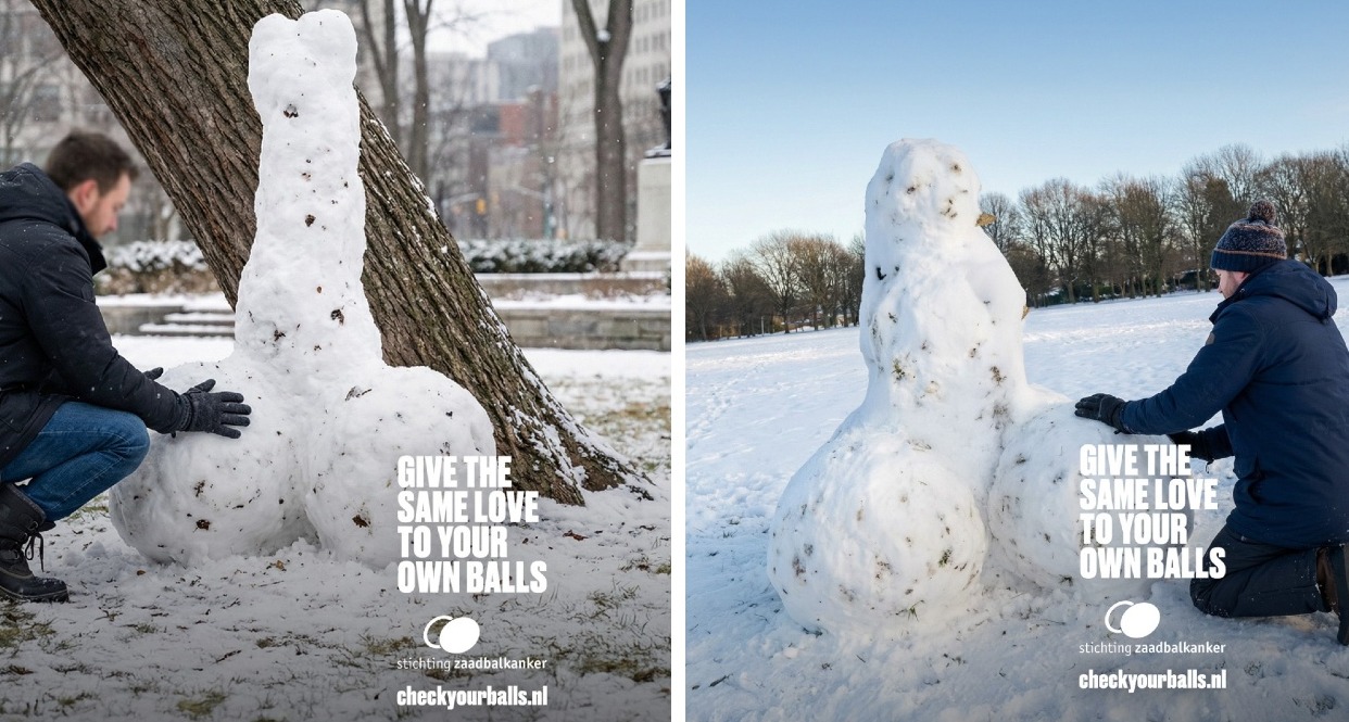 Hombres haciendo penes en la nieve como si fueran muñecos