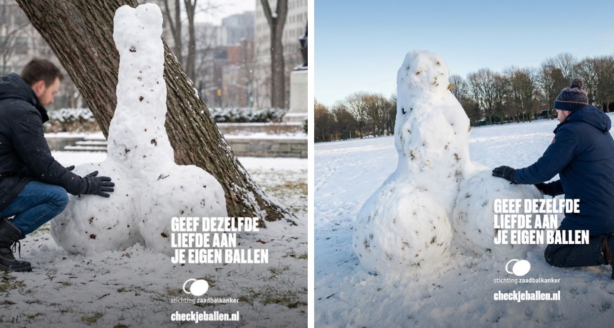 Hombres haciendo penes en la nieve como si fueran muñecos