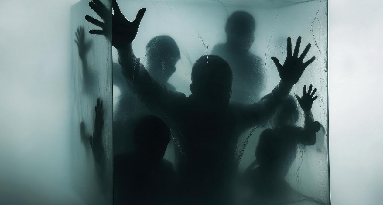 Sombras de personas dentro de un cubo de cristal, intentando salir
