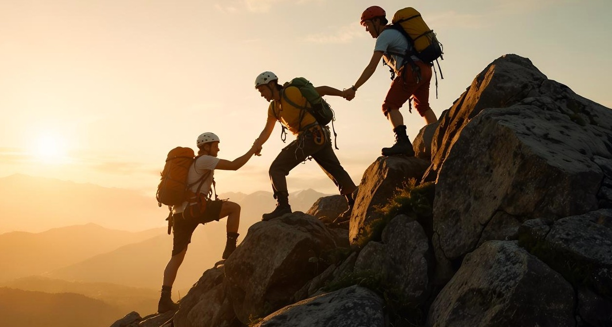 Tres personas escalando unas rocas en equipo