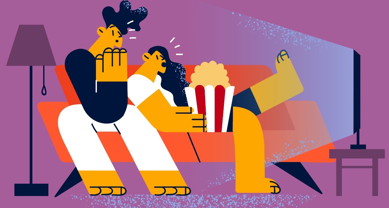 Ilustración de una pareja viendo la televisión en el sofá con palomitas