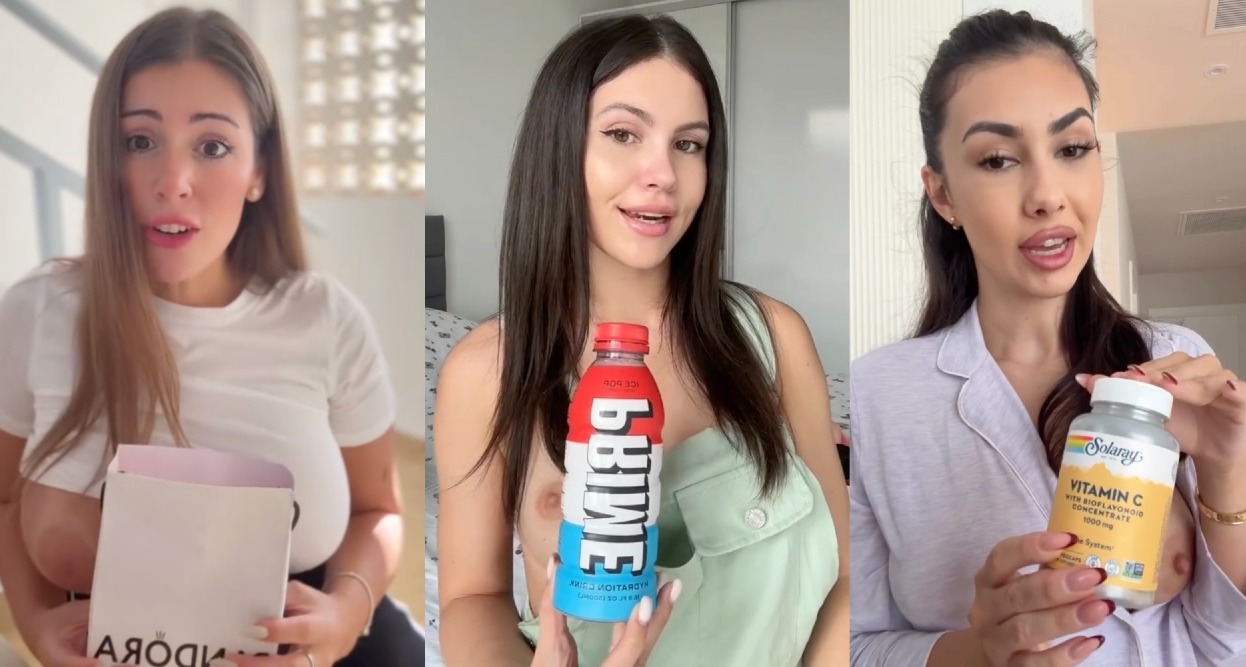 Chicas enseñando productos de marcas como CeraVe con los pezones al descubierto