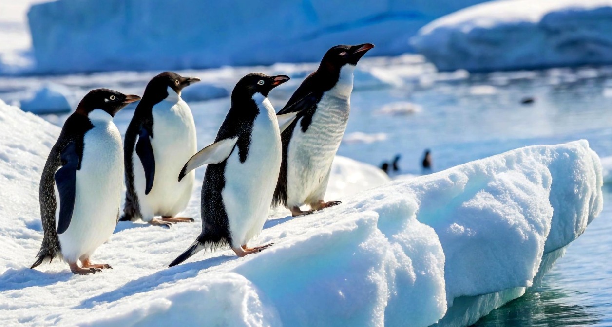 Cuatro pingüinos en el hielo a punto de saltar al agua