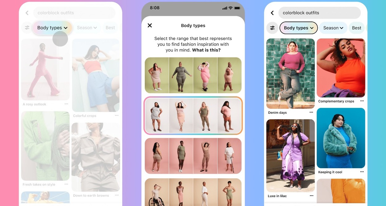 imagen de la aplicación de Pinterest con los filtros por tipos de cuerpo