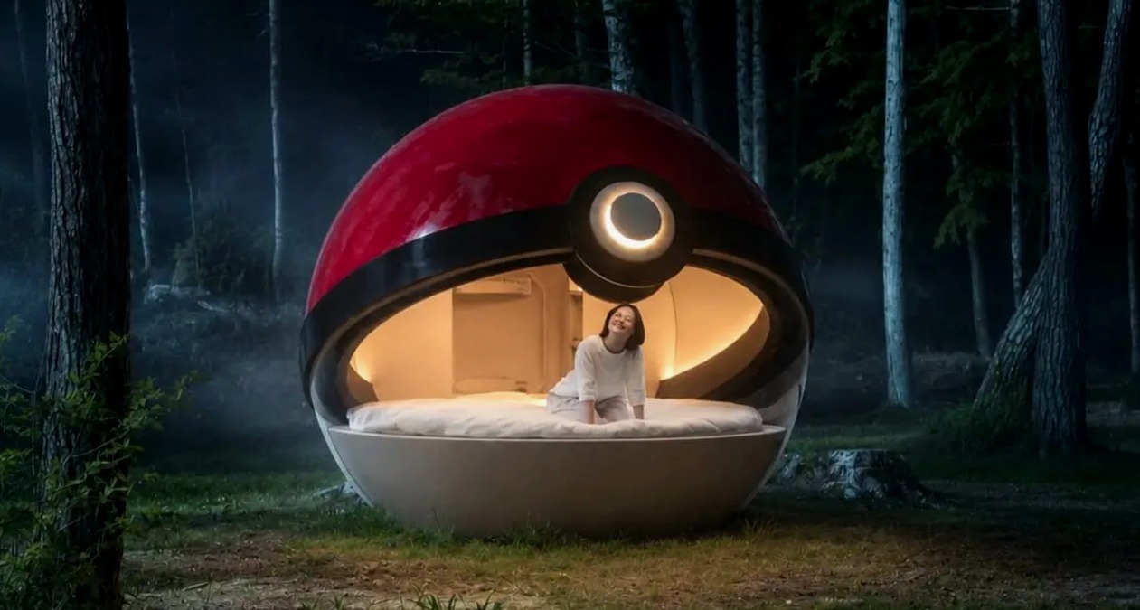 La Poké Ball en un bosque por la noche, abierta e iluminada con una cama y una chica dentro