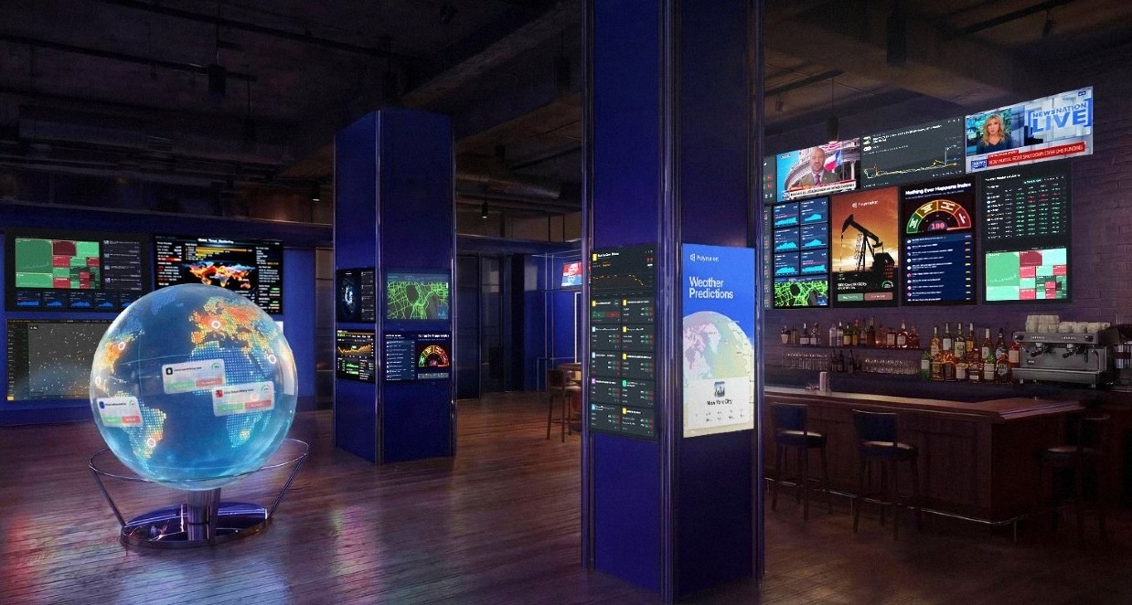 Un bar con pantallas que muestran noticias y bolsas de valores y una bola del mundo digital en el centro
