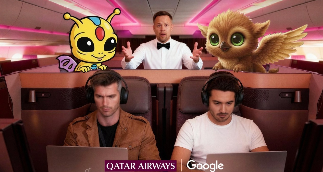 Dos chicos trabajando con el ordenador en un avión de Qatar Airways