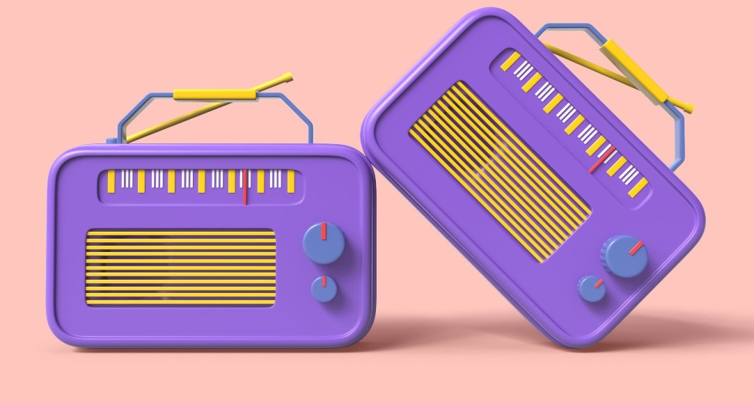 dos radios de color morado con diseño 3D, una apoyada sobre la otra