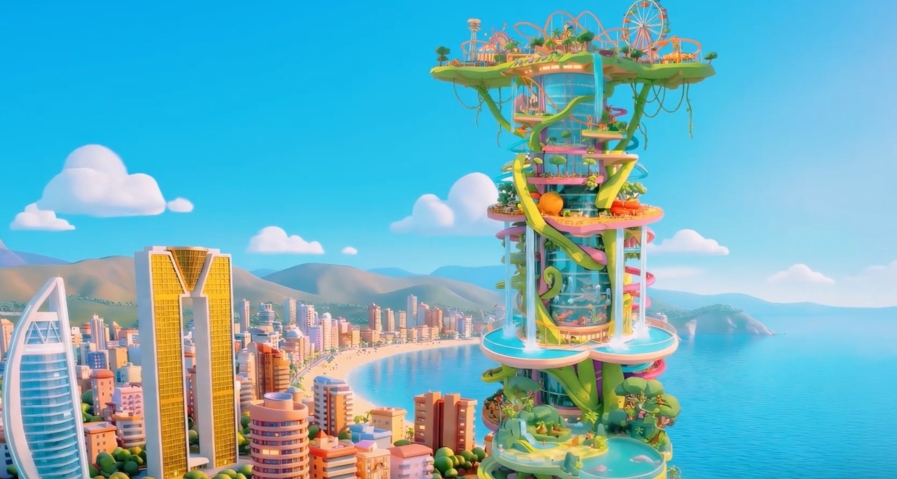 Una ilustración de Benidorm donde se ve el rascacielos surrealista de muchos colores