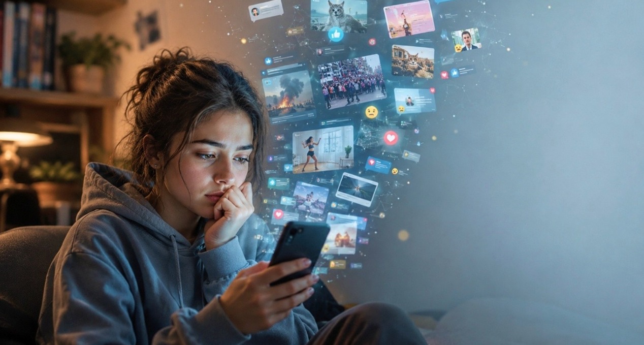 Una chica mirando el teléfono con cara de preocupación
