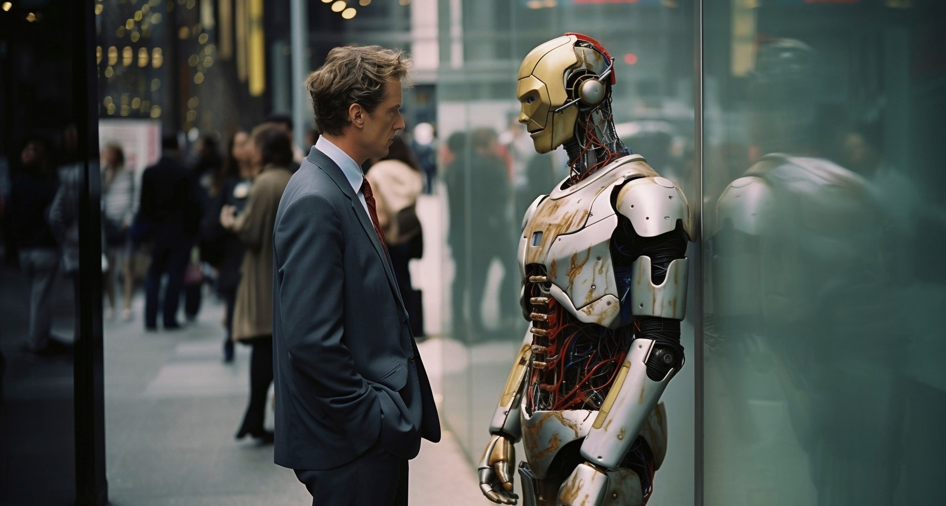 Un hombre de traje habla en la calle con un robot