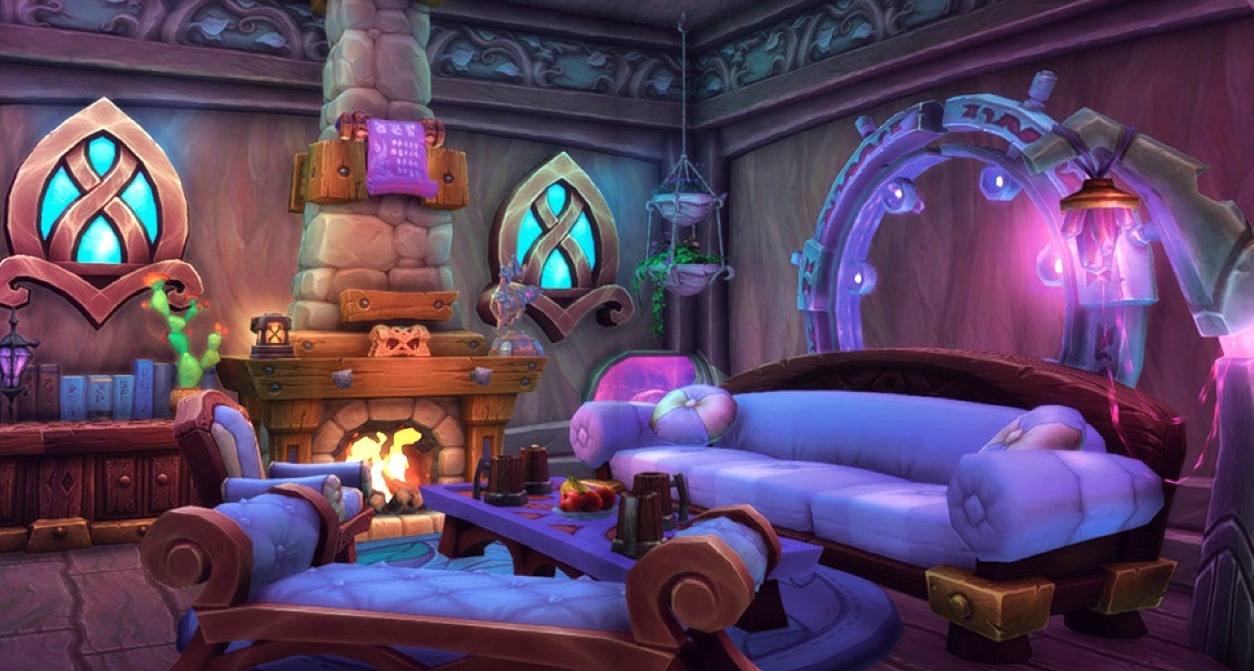 Un salón con chimenea en el videojuego