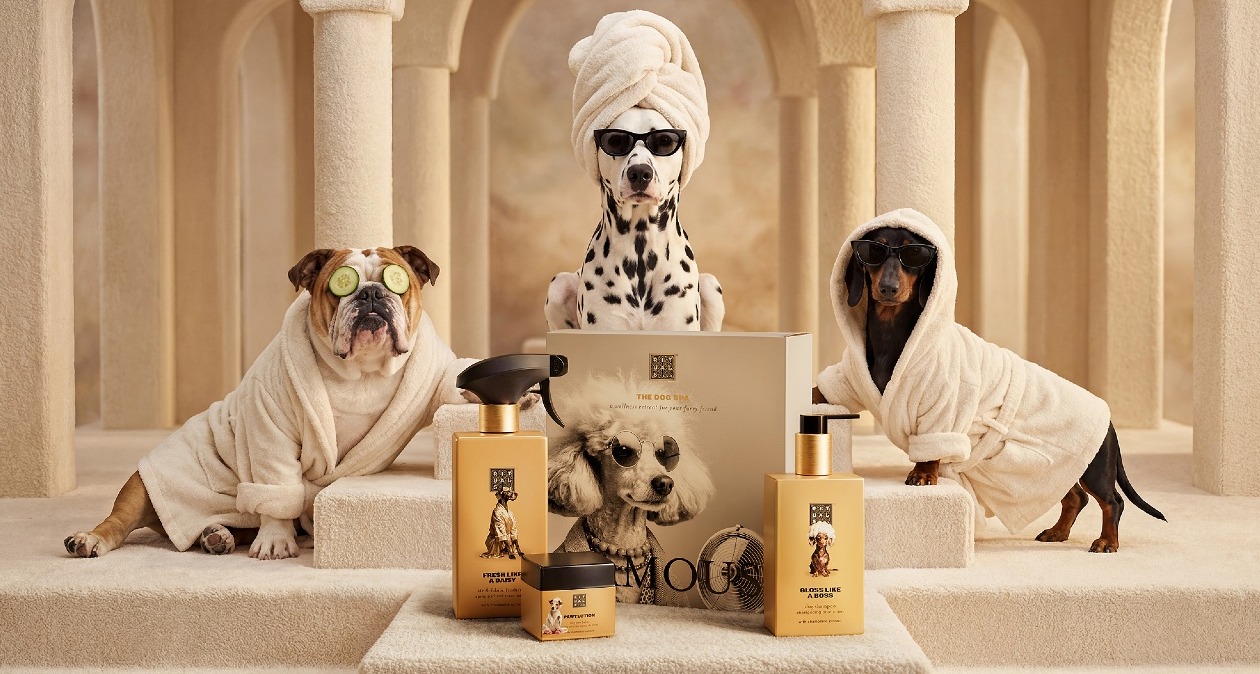 Tres perros con albornoz como si estuvieran en un spa junto a un bodegón de productos de Rituals