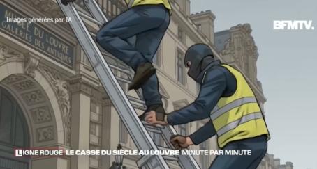 “Cuando necesites moverte rápido”: Böcker convierte el robo millonario del Louvre en campaña de marca La escena de los ladrones subiendo por el elevador, generada con inteligencia artificial