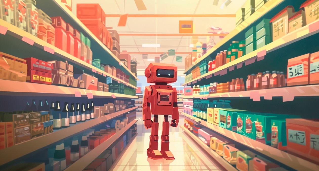 La ilustración de un robot en el pasillo de un supermercado