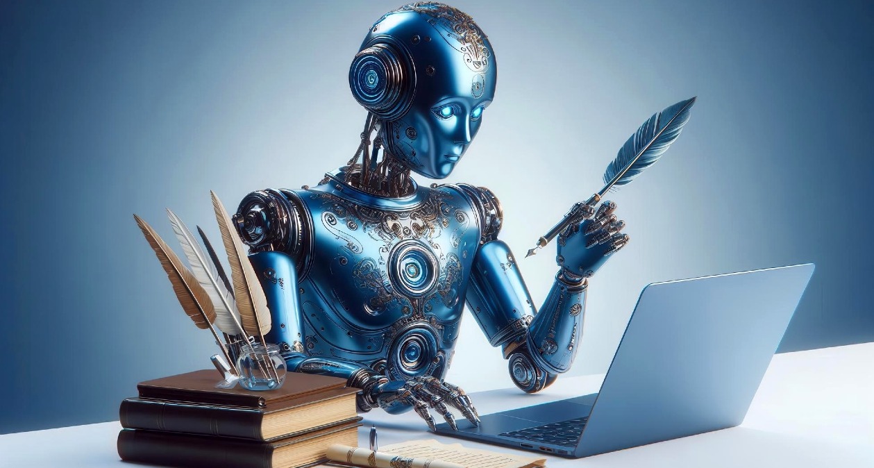 Un robot frente a un ordenador sosteniendo una pluma de escritura