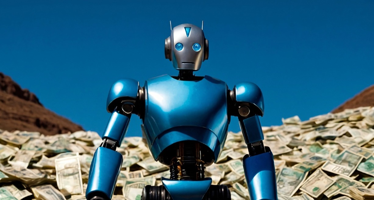 Un robot frente a una montaña de dinero