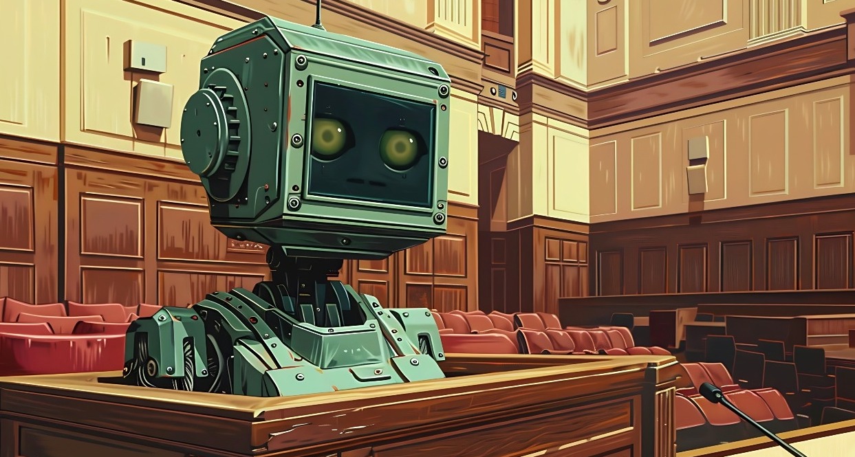 Ilustración de un robot sentado en un juzgado