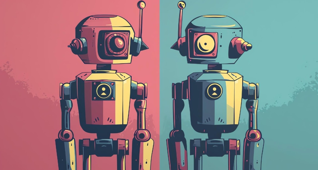 Ilustración con dos robots, uno sobre fondo rojo y el otro sobre fondo verde