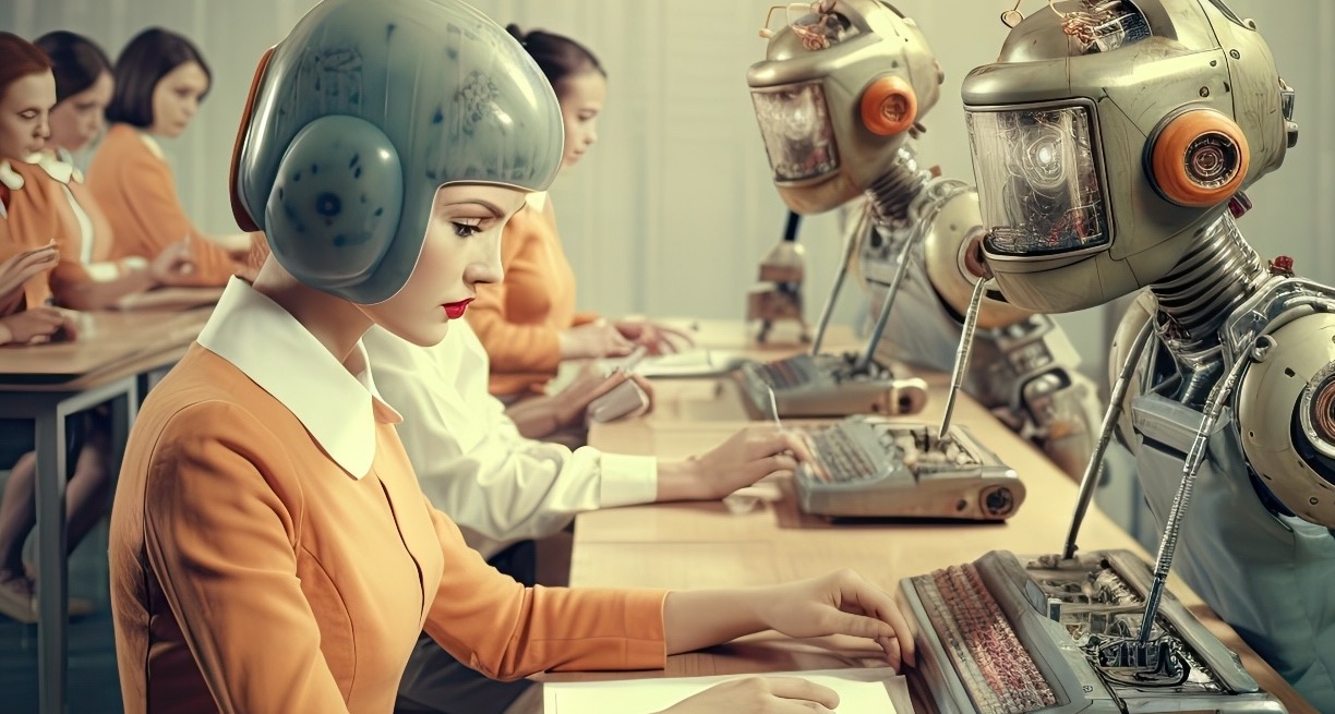 Wikipedia documenta cómo la Inteligencia Artificial está uniformando la escritura a nivel global una chica escribe a máquina guiada por un robot