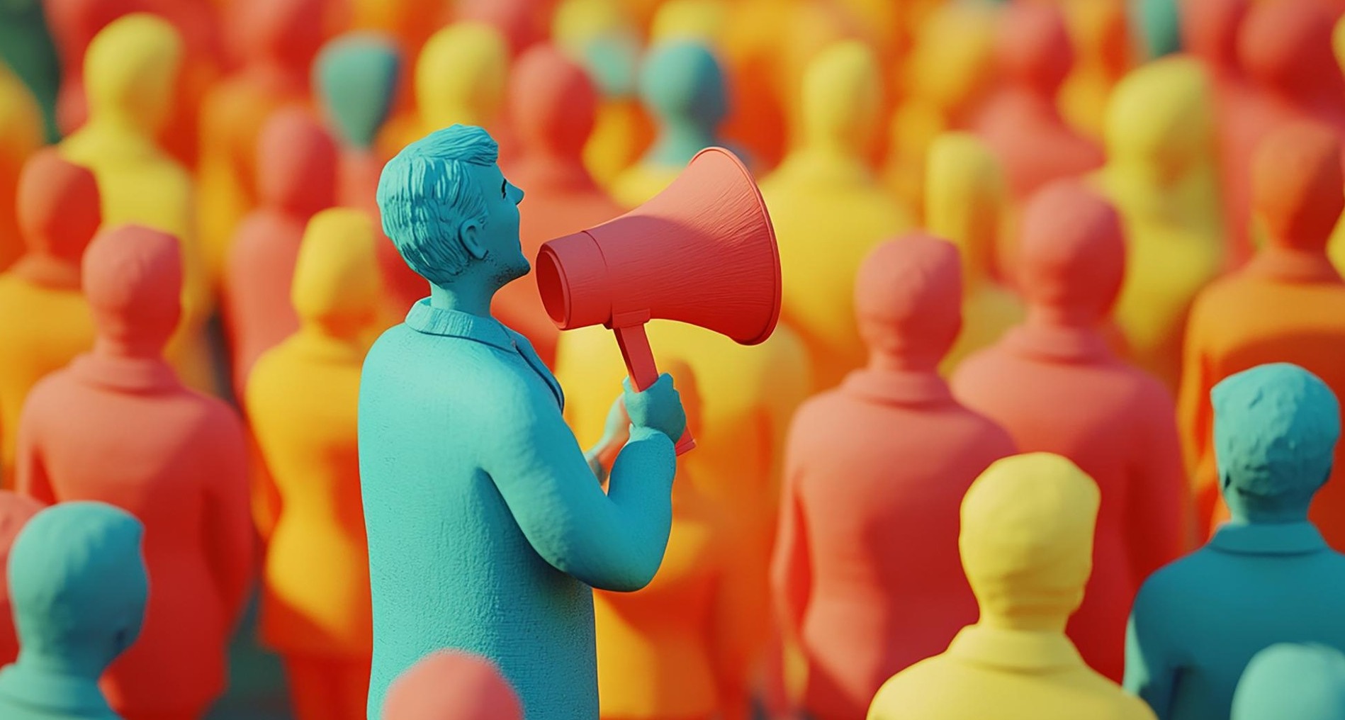 Figura de un hombre con un altavoz frente a una multitud