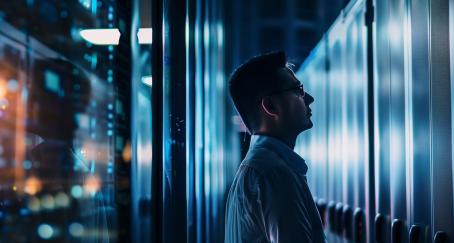 Un hombre dentro de un centro de datos