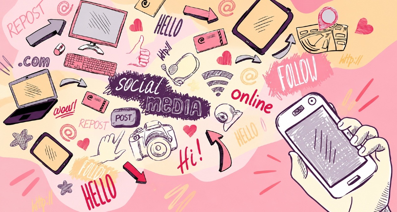 Un collage tipo dibujo con iconos y palabras relacionadas con las redes sociales y una mano con un teléfono móvil