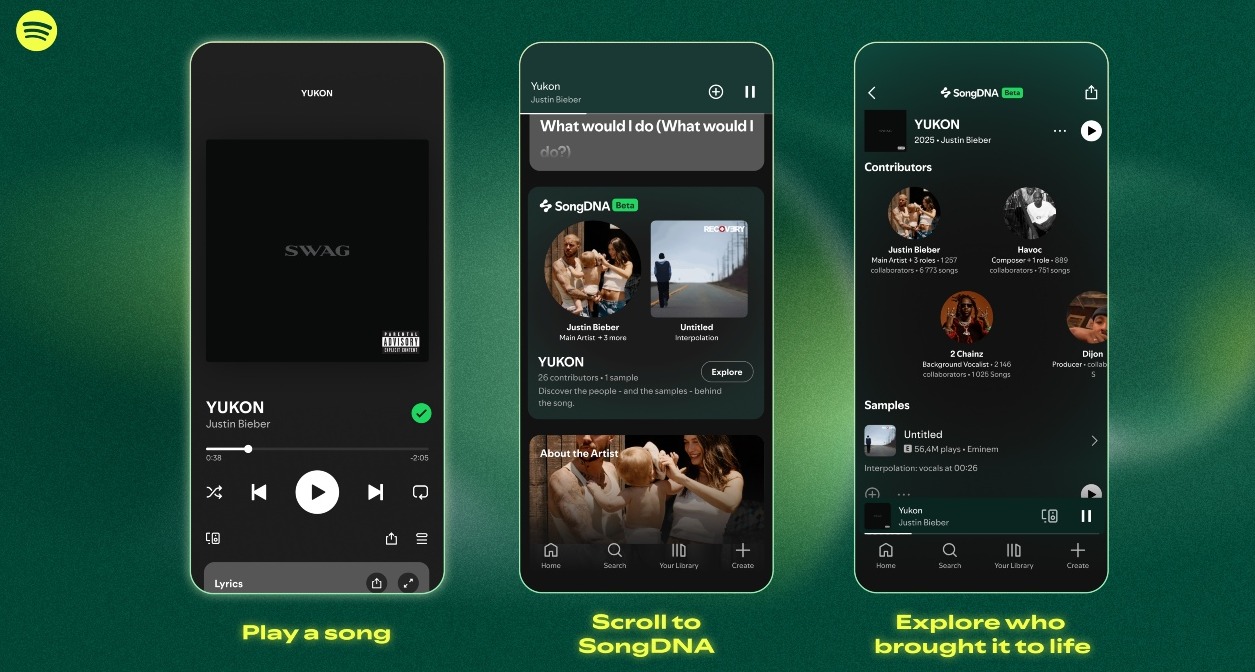 La interfaz de SongDNA en tres pantallas de teléfono diferentes, mostrando las diferentes opciones de la funcionalidad