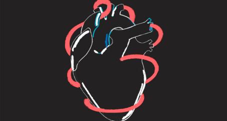 Dibujo de un corazón con tonos azules y rojos sobre fondo oscuro