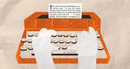 Unas manos en una máquina de escribir, imagen estilo recorte de periódico