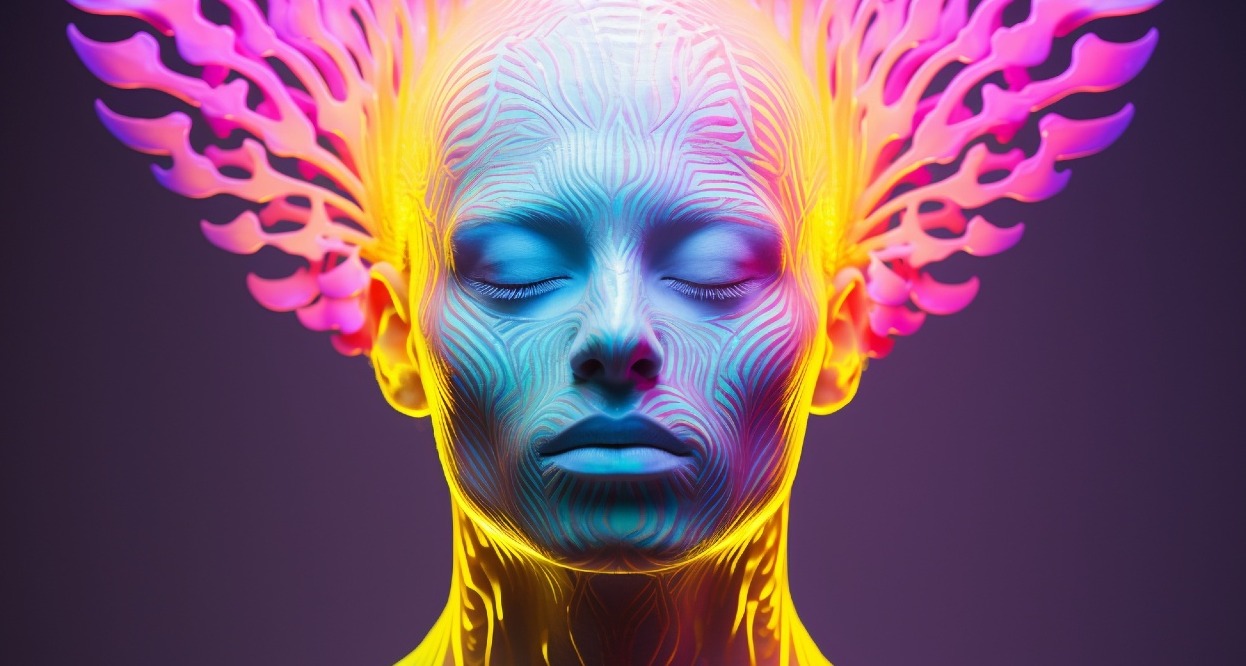 La ilustración de un rostro con ojos cerrados y unas líneas de colores que se elevan hacia arriba