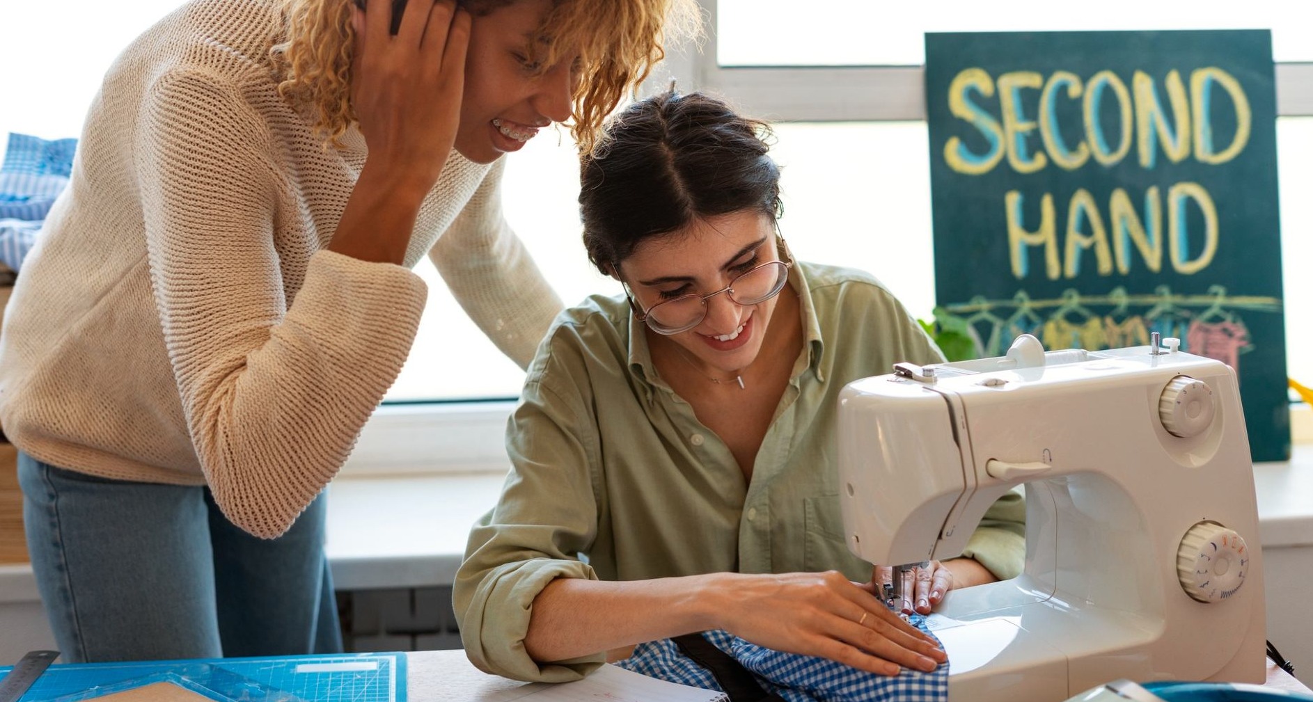 Dos jóvenes cosiendo ropa con una máquina