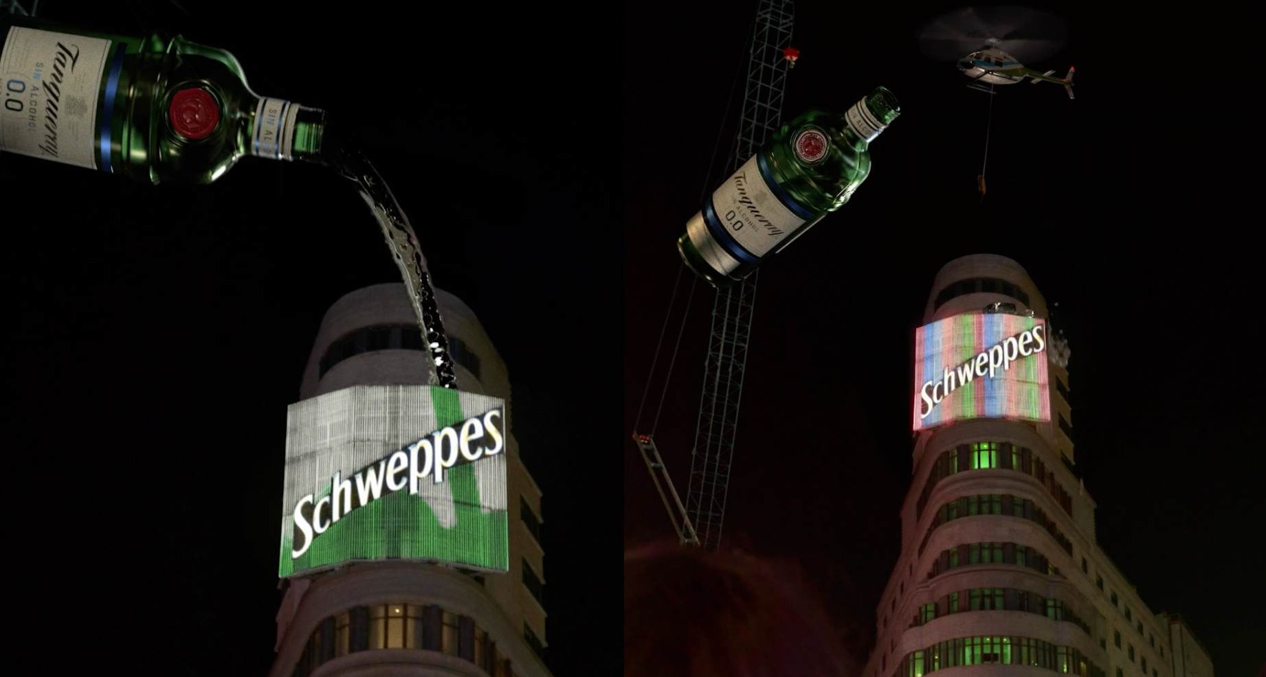Una botella de Tanqueray vierte ginebra sobre el cartel luminoso de Schweppes en Gran Vía