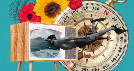 Un collage con una brújula y un hombre buceando
