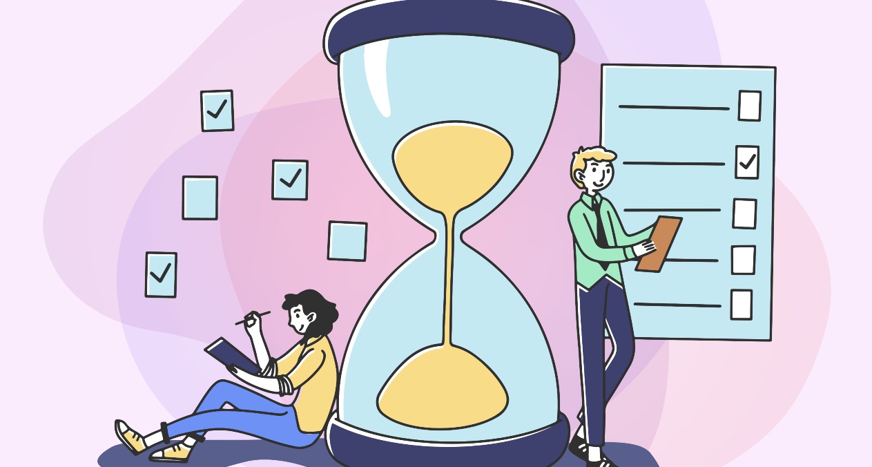 Una ilustración de un reloj de arena gigante y dos personas trabajando a cada lado